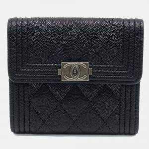 Pre Owned Chanel Black Leather Caviar Boy Bifold Wallet