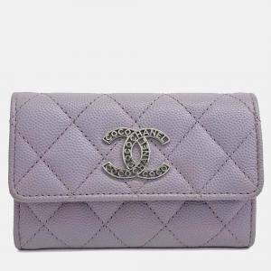 Pre Owned Chanel Purple Leather Caviar Card Holder
