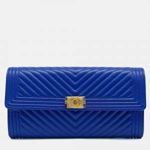 Pre Owned Chanel Blue Leather Chevron Boy Long Wallet