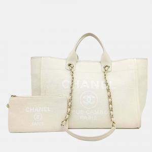 Pre Owned Chanel Cream Fabric Deauville Tote And Shoulder Bag