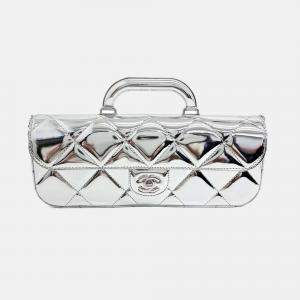 Pre Owned Chanel Silver Leather Top Handle Chain Clutch