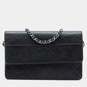 Pre Owned Chanel Black Quilted Lambskin Embossed LAX Wallet On Chain