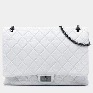 Pre Owned Chanel White Maxi Quilted Aged Calfskin Reissue 2.55 Single Flap