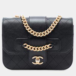 Pre Owned Chanel Black Quilted Calfskin Front Chain Flap
