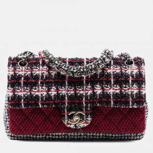 Pre Owned Chanel Black Red Medium CC Tweed Multi Print Double Flap