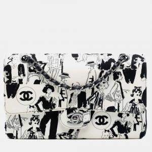 Pre Owned Chanel Black White Medium Classic Canvas Coco Mademoiselle Double Flap