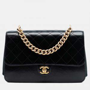 Pre Owned Chanel Black Paris Cosmopolite Aged Calfskin Straight Lined Flap