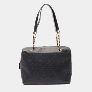 Pre Owned Chanel Coco Mark Black Caviar Grained Calfskin Leather Shoulder Bag