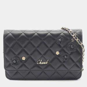 Pre Owned Chanel Matelasse Camellia Shoulder Bag  Lambskin Leather  Black