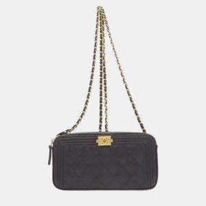 Pre Owned Chanel Chain Wallet Boy Matelasse Gold Hardware Long Grained Calfskin