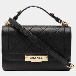 Pre Owned Chanel Black Small Quilted Grained Calfskin Label Click Flap