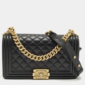 Pre Owned Chanel Boy Medium Black Quilted Caviar Leather Flap Bag