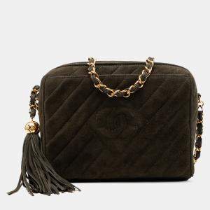 مملوكة مسبقًا Chanel Green CC Diagonal Quilted Suede Tassel Diamond Camera Bag