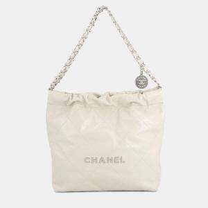 Pre Owned Chanel Chanel22 Handbag Light Gray Shiny Calf Leather Size Small