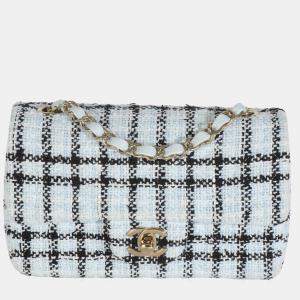 Pre Owned Chanel Blue White Tweed Quilted Mini Rectangular Flap Bag
