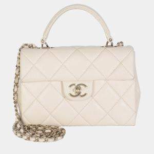 Pre Owned Chanel Beige Quilted Caviar Mini Retro Twist Top Handle Flap Handbag