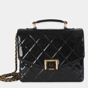 Pre Owned Chanel 23A Black Quilted Patent Accordion Pushlock Top Handle Flap Bag