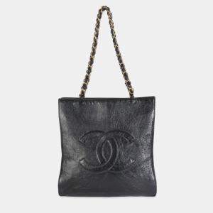 Pre Owned Chanel Black Shiny Aged Calfskin North South Shopping Bag