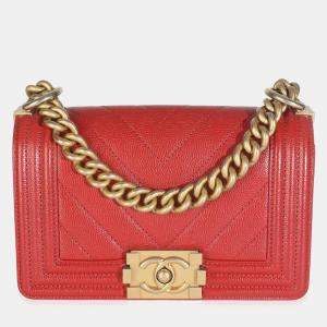 Pre Owned Chanel Red Quilted Caviar Chevron Small Boy Handbag