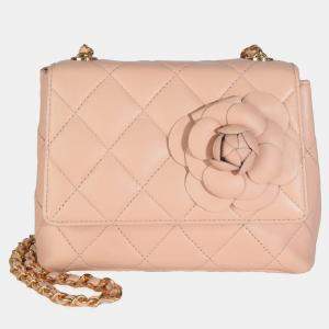 Pre Owned Chanel Vintage Beige Quilted Lambskin Mini Camellia Flap Bag