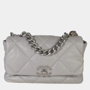Pre Owned Chanel 19 Large Grey Shiny Quilted Lambskin Leather Flap Bag