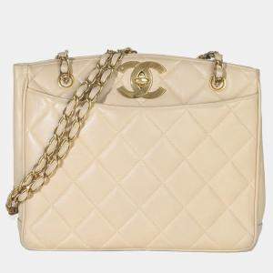 Pre Owned Chanel Vintage Beige Quilted Lambskin CC Shoulder Tote