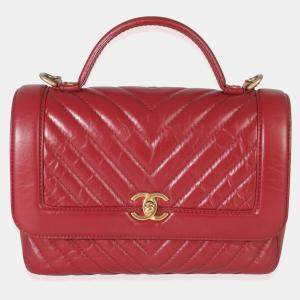 مملوكة مسبقًا حقيبة شانيل شيفرون حمراء جلد عجل مزودة بمقبض علوي فلاب