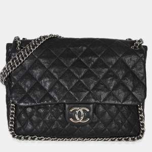 Pre Owned Chanel Black Quilted Washed Lambskin Chain Around Maxi Flap Bag
