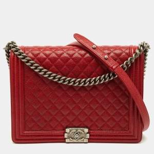 Pre Owned Chanel Boy Large Red Quilted Caviar Leather Flap Bag