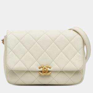 Pre Owned Chanel White Small Quilted Caviar Chain Melody Flap