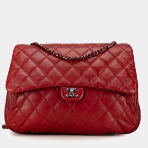 Pre Owned حقيبة شانيل حمراء ماكسي جلد النعومة بتصميم أكورديون ثلاثي الإغلاق