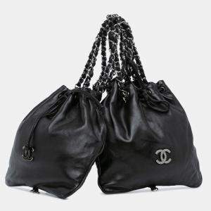 Pre Owned Chanel Black CC Calfskin Dual Twin Chain Handbag