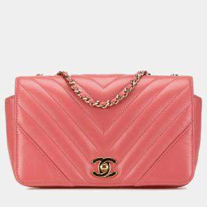 Pre Owned حقيبة شانييل ميني شيفرون جلد عجل وردي--}}
