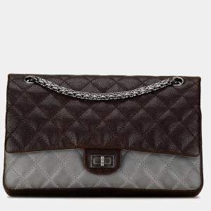 Pre Owned حقيبة شانيال بنية من جلد الكافيار والعجل المتلألئ رفرف مزدوج 2.55 موديل 226