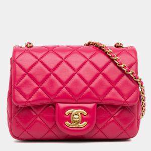 Pre Owned Chanel Pink Mini Square Classic Lambskin Pearl Crush Single Flap