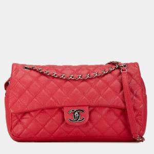 Pre Owned Chanel Red Jumbo Caviar Easy Flap Bag