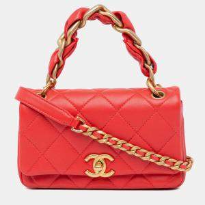 Pre Owned Chanel Red Small Quilted Lambskin Chain is More Flap