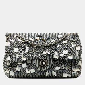 Pre Owned حقيبة شانيل متوسطة قطنية مخططة مزدوجة الرفرف زرقاء