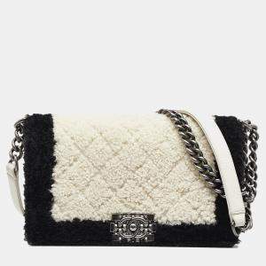 Pre Owned Chanel White Old Medium Bicolor Shearling Boy Flap
