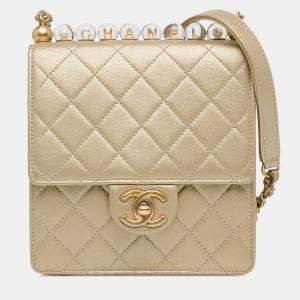 Pre Owned Chanel Gold Small Lambskin Chic Pearls Flap