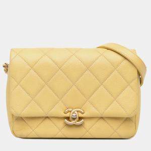 Pre Owned Chanel Yellow Small Quilted Caviar Chain Melody Flap