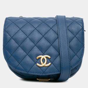 Pre Owned Chanel Blue Quilted Grained Calfskin Casual Trip Messenger
