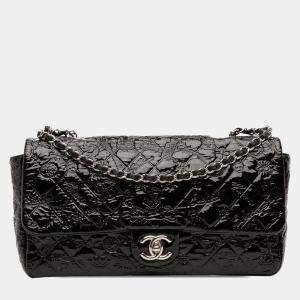 Pre Owned Chanel Black Jumbo Patent Embossed Lucky Symbols Flap