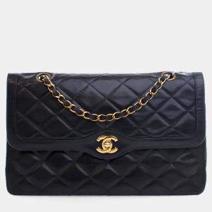Pre Owned Chanel Vintage Black Lambskin Paris Double Flap Bag