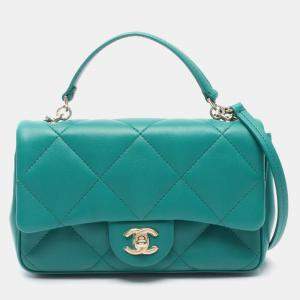 Pre Owned Chanel CC Green Leather Top Handle Flap Bag