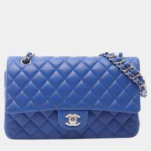 Pre Owned Chanel Classic Double Flap Medium Blue Leather Shoulder Bag