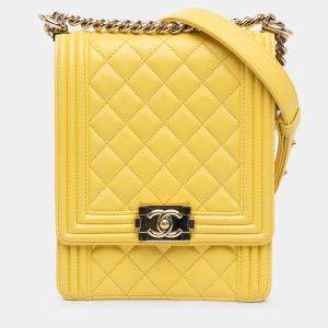 Pre Owned Chanel Yellow Quilted Lambskin North South Boy Flap