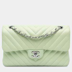 Pre Owned Chanel Green Small Classic Chevron Lambskin Double Flap