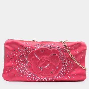 Pre Owned Chanel Pink Satin Diamante Camellia Clutch with Chain