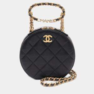 Pre Owned Chanel Black Quilted Lambskin Oval Logo Chain Top Handle Round Clutch on Chain